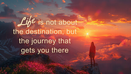 Inspirational quote about life journey with beautiful landscape view background with sunset
