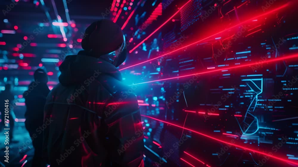 Aufkleber people in a virtual reality setting with dynamic red and blue light streams