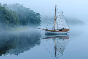Classic sailboat, detailed woodworking and rigging visible, gliding on calm waters at dawn - obrazy, fototapety, plakaty