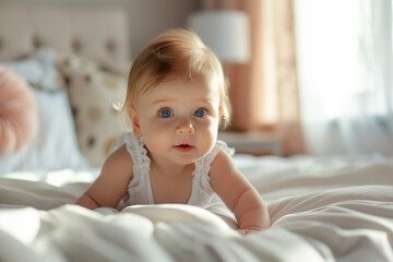 Fototapeta premium portrait of a cute adorable baby on the bed, blue eyes baby, smiling, happy face