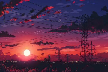 Scenic silhouette of high voltage electricity transmission tower against vibrant sunset sky - obrazy, fototapety, plakaty