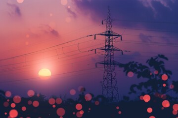 Silhouette of high voltage electric tower against colorful sunset sky background - obrazy, fototapety, plakaty