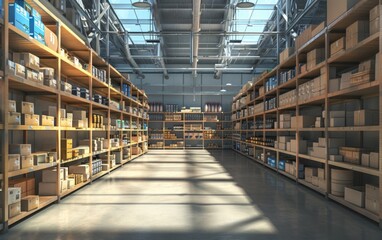 Fototapeta premium A retail warehouse full of shelves and merchandise housed in cardboard boxes. Logistics and distribution warehouse center