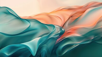 Abstract digital art depicting wave-like formations in a soothing blend of blue, orange, and peach tones, creating a calming visual effect. - obrazy, fototapety, plakaty