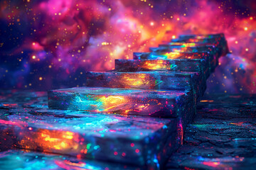 Floating neon 3D blocks creating a pathway in a virtual space leading to a glowing digital horizon against a backdrop of a vivid technicolor nebula
