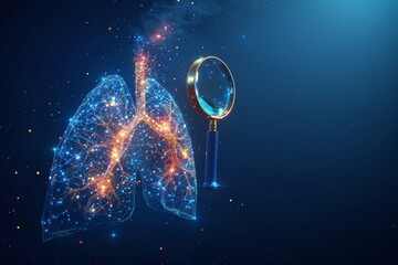 Concept of pulmonology and lung illness. Polygonal abstract creative isolated on blue background. Low poly wireframe style. - obrazy, fototapety, plakaty