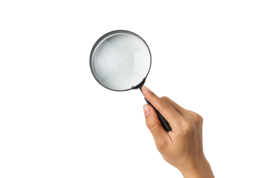 Female hand with a magnifying glass on a white background
