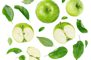 Green apple has water drop with slices and green leaves isolated on white background.