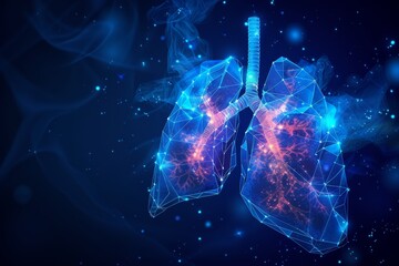 Viral infection of the lungs. Low polywireframe style. Visual presentation of lung diseases such as pneumonia, acute respiratory infections, pneumonia. Polygonal abstract on blue background. Modern - obrazy, fototapety, plakaty