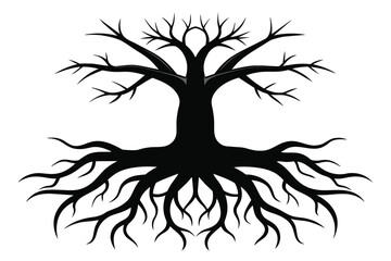Set of black tree roots on white background