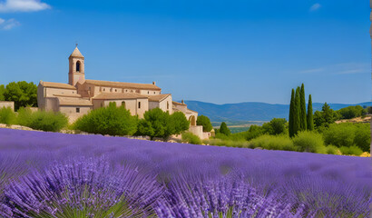 Abbey of Senanque blooming lavender flowers panoramic view. Gordes, Luberon, Provence, France.