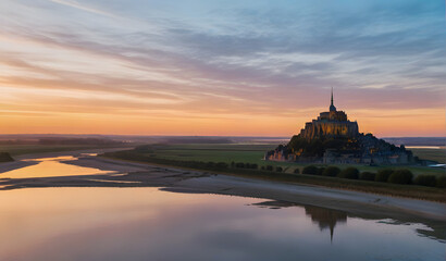 Fototapeta na wymiar Aerial view of Mont Saint-Michel by river against sky during sunset