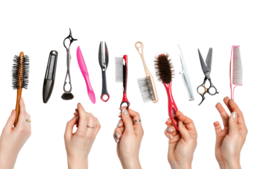 
Human hands holding various hairdressing tools isolated on white background