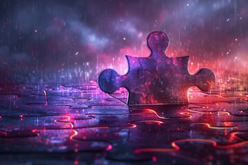 Modern illustration on a dark night background with light effect of a puzzle in a digital futuristic style. - obrazy, fototapety, plakaty