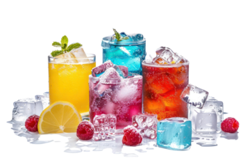 
Ice cubes and different soda drinks on white background isolated on white background.