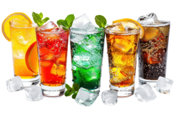 
Ice cubes and different soda drinks on white background isolated on white background.