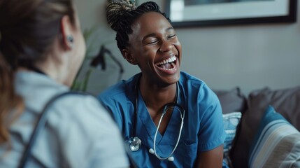 Two healthcare professionals sharing a joyful moment, with one laughing heartily in a friendly and relaxed atmosphere. - obrazy, fototapety, plakaty
