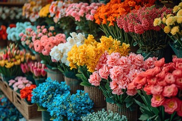 Produce an image of a vibrant flower market with an array of colorful blooms and fragrant bouquets - obrazy, fototapety, plakaty
