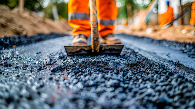 Chantier BTP, pose du goudron sur la route en travaux