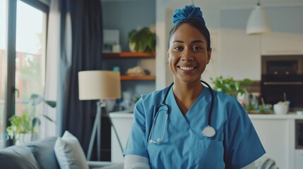 A smiling healthcare professional in blue scrubs with a stethoscope, standing in a cozy, well-lit home interior.