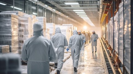 Workers in cold storage suits, frozen products in a vast refrigerated warehouse - obrazy, fototapety, plakaty