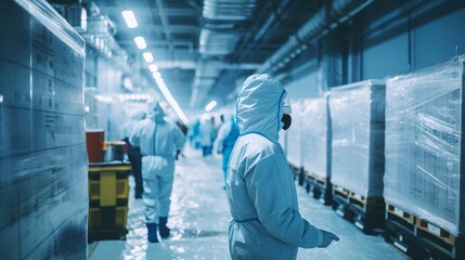 Workers in cold storage suits, frozen products in a vast refrigerated warehouse