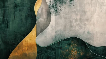 Foto auf Acrylglas Abstract art with flowing shapes in green, gold, and grey, resembling a topographic or aerial landscape with artistic textures. © kittikunfoto