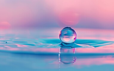 Fototapeta na wymiar Beautiful clean transparent bright drop of water on smooth surface in blue and pink colors, macro. Creative image of beauty of environment and nature