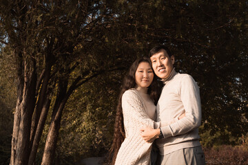 Couple in love taking selfie photo walking in park