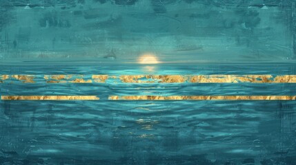 A tranquil seascape in shades of blue with golden horizon, where the setting sun meets the calm water, evoking serenity.