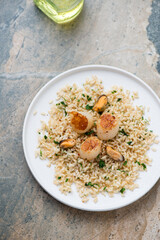 Scallops with brown rice and mussels on a white plate, vertical shot on a beige granite background, high angle view