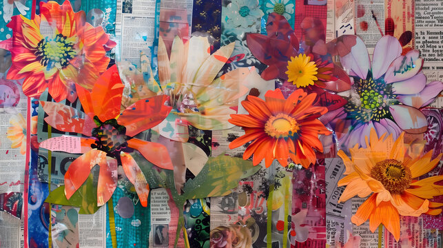 Bright neon colored paper art floral collage with different flowers. Contemporary modern art