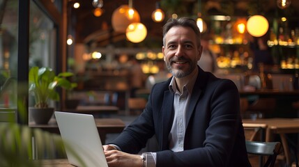 Celebratory Businessman with Laptop in Blurred Urban Environment, Celebratory, businessman, laptop, blurred urban environment - obrazy, fototapety, plakaty