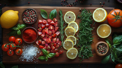 A top-down view of a kitchen tableau showcasing cooking utensils, vibrant spices, citrus wedges, and fresh rosemary on a dark wooden surface - Powered by Adobe