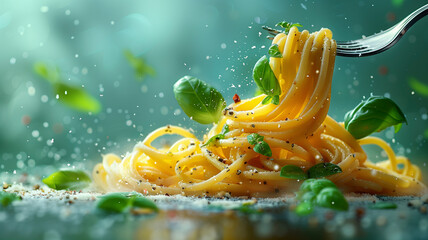 Abstract curves and lines in a minimalist style depicting the essence of spaghetti twirled on a fork, with a scatter of green basil shapes against a muted backdrop - Powered by Adobe