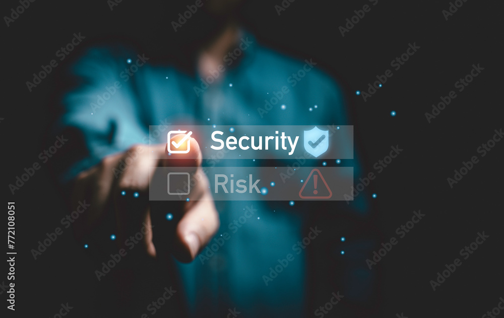 Poster businessman hand touching to select check mark on virtual security icon monitor for cyber security a