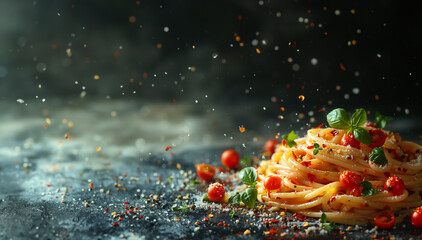 Minimalist interpretation of a pasta dish, with broad strokes of red and beige representing sauce...