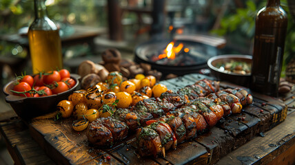 Simplified abstract shapes and colors capturing the essence of a grilled meal on a rustic table, minimalist style