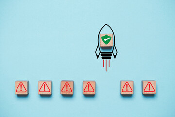 Green security safety check mark icon with rocket missile rising from exclamation warning caution sign for enhance cyber security and privacy safety in technology information data concept.