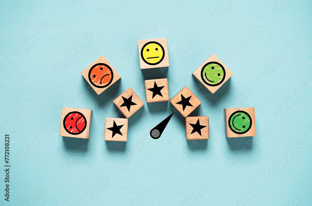 Fototapete Customer evaluation indicator rating print screen wooden cube block since low to high on blue background for client satisfaction and feedback survey after use product and service  concept.
