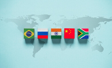 Brazil Russia India China and South Africa flag on world map for BRICS economic business international cooperation concept.