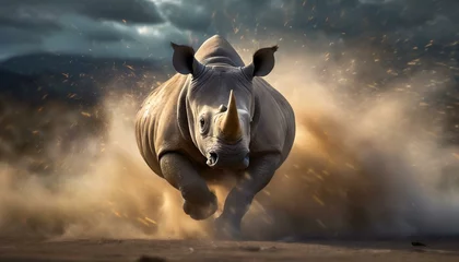 Plexiglas foto achterwand a running rhino in a cloud of dust AI Generated © Muhammad