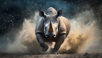 a running rhino in a cloud of dust AI Generated - obrazy, fototapety, plakaty