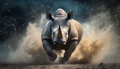 Plexiglas foto achterwand a running rhino in a cloud of dust AI Generated © Muhammad