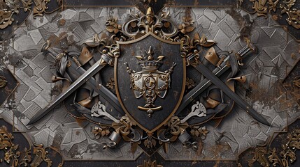 Ornate medieval coat of arms with crown, crossed swords, and elaborate decorations on a textured dark background.