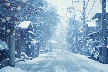 Fototapeta na wymiar : A snowy street, with a peaceful atmosphere and a blanket of snow