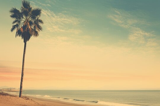 Luxurious Palm beach retro style. Miami sunset. Generate Ai