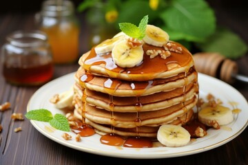 Scrumptious Pancakes banana honey. Fruit food eating. Generate Ai