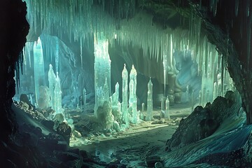 : A soothing, abstract garden of shimmering, crystalline stalactites and stalagmites, residing within a majestic, subterranean cavern.