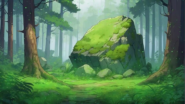 Immersive 4k video footage loop portraying the tranquil ambiance of a green forest with a prominent moss-covered rock, providing a natural spectacle.